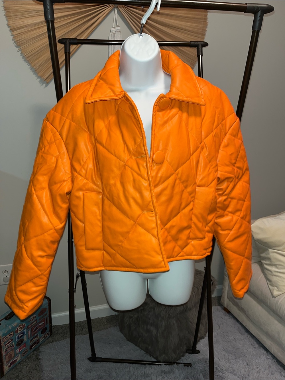 Fashion Nova Bright Orange Quilted Cropped Puffer Jacket